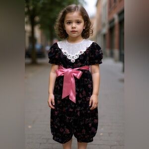 Vintage Thomas Floral Velour Jumpsuit Lace Collar Short Sleeve Toddler Girls 4T